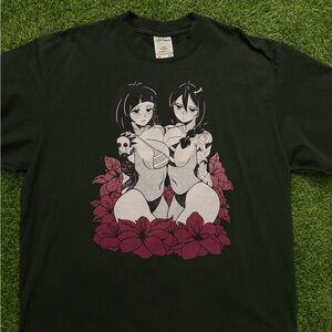 Olive Graphic Tee with Anime Design Size XL